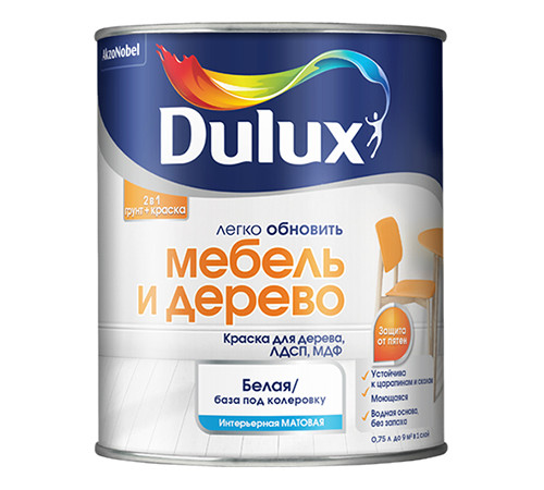 Краска-грунт Dulux для дерева,ЛДСП,МДФ "Легко обновить мебель и дерево" База BW матовая 0,75л