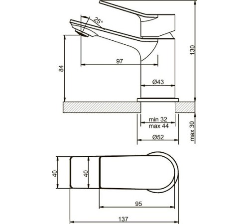Cмеситель для умывальника набортный ARGUS,хром,однор. D-35 латунь,гибкая подводка.3504 ARGUS